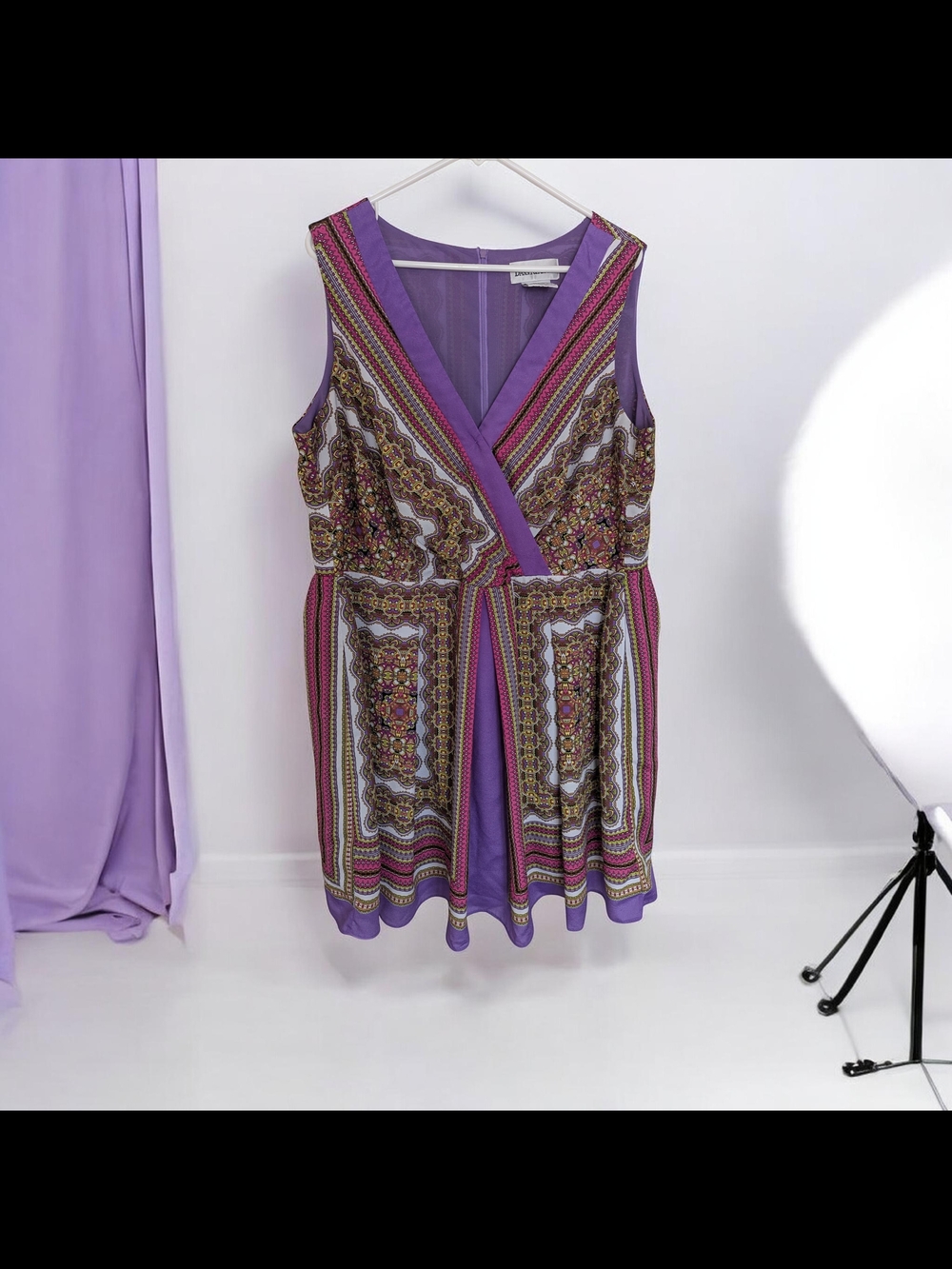 Danny And Nicole Sleeveless Purple Printed Wrap-Style Dress